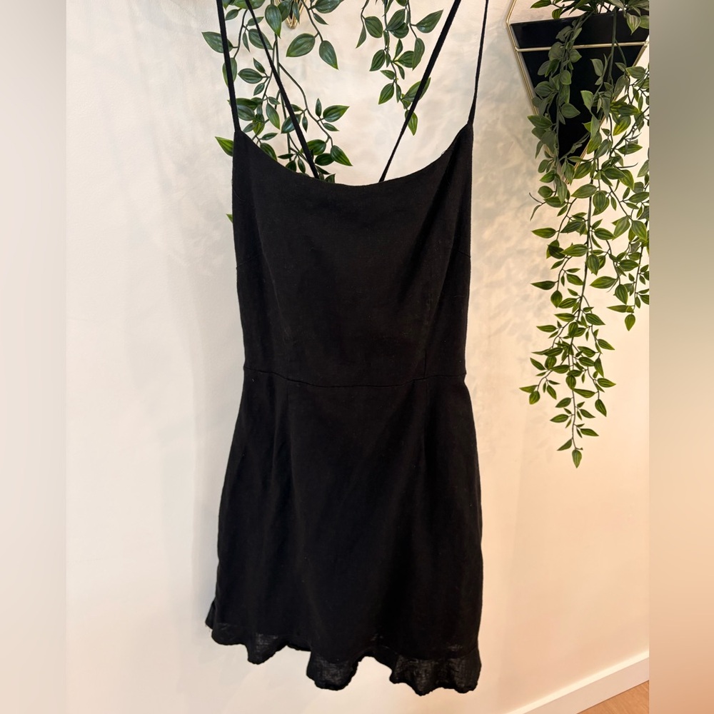 Reserved Black linen blend Mini Dress with Spaghetti Straps